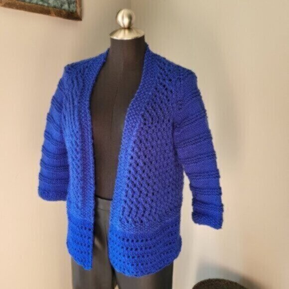 Crocheted Handcrafted Blue Cardigan Sweater Sz Large - Picture 1 of 6